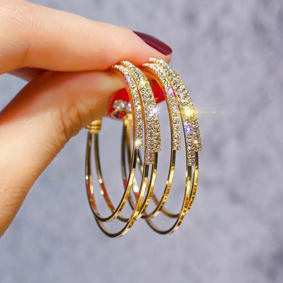 Gold Multilayered Crystal Hoop Earrings - Picture 2 of 6